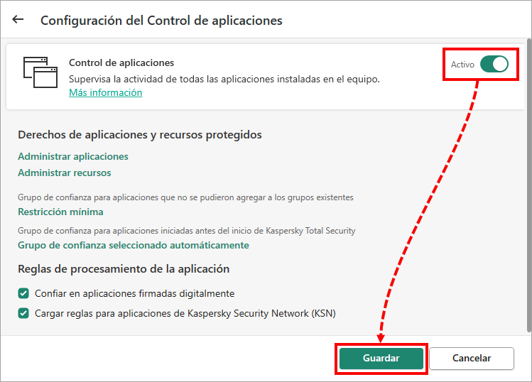 La ventana Application Control (Control de aplicaciones) en una aplicación de Kaspersky