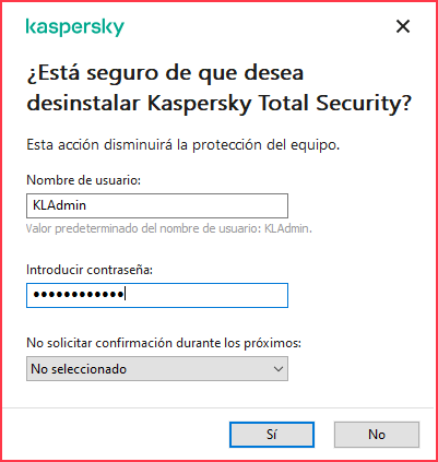 Introducir la contraseña para eliminar la aplicación de Kaspersky