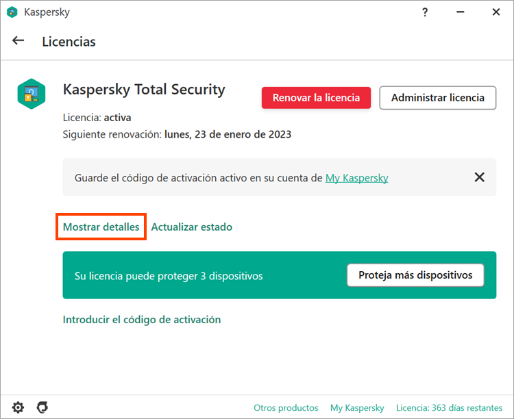 Cómo abrir la ventana Licencias en una aplicación de Kaspersky