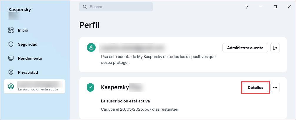 Cómo abrir la ventana Detalles de suscripción en una aplicación de Kaspersky.