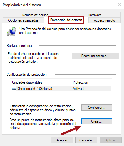 Configurar los ajustes de restauración en Windows 10.