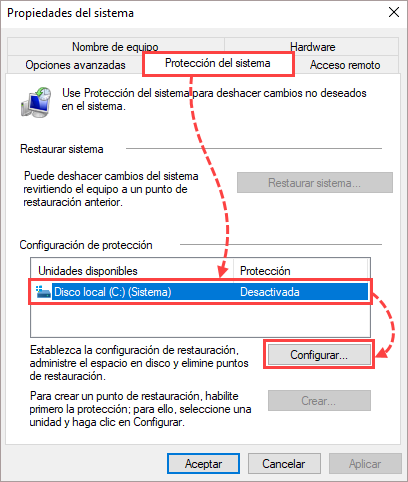 Configurar los ajustes de restauración en Windows 10.