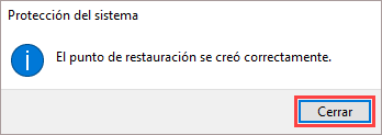 Notificación sobre la correcta creación del punto de restauración en Windows 10.