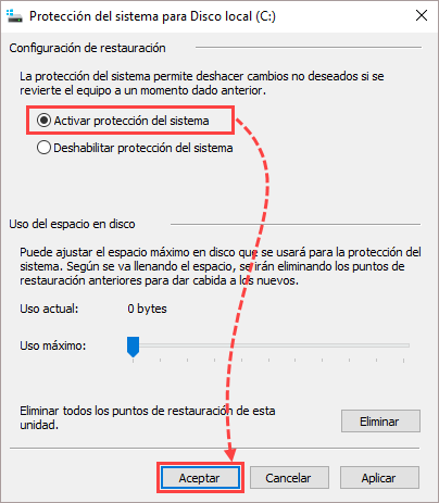 Activar la protección del sistema en Windows 10.