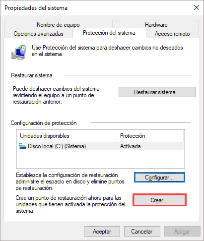 Navegar para crear un punto de restauración en Windows 10.