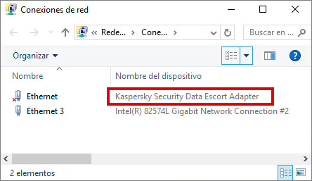 Kaspersky Security Data Escort Adapter en Conexiones de red