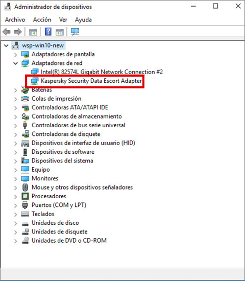 Kaspersky Security Data Escort Adapter en el Administrador de dispositivos de Windows