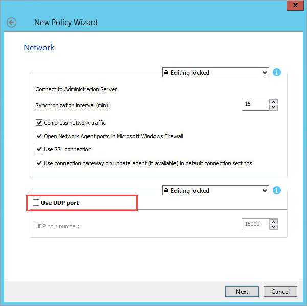 La casilla Utilizar puerto UDP en el paso Red al crear la directiva del Agente de red.