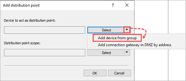 Añadir un dispositivo del grupo como dispositivo para que actúe como punto de distribución.