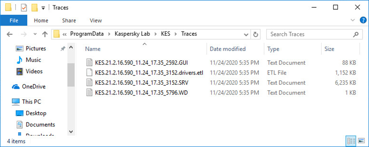 Archivos de seguimiento en Kaspersky Endpoint Security 11.5.x para Windows
