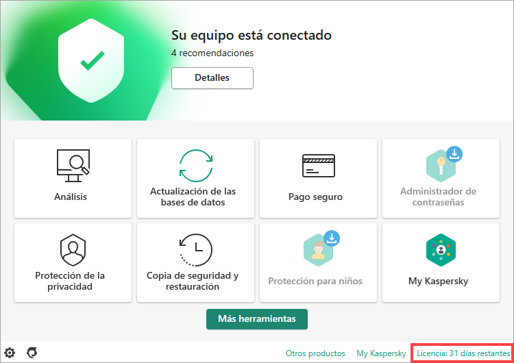 Opening the Licensing window in the trial version of a Kaspersky application