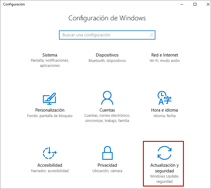 Abrir la configuración de "Actualización y seguridad" en Windows 10.
