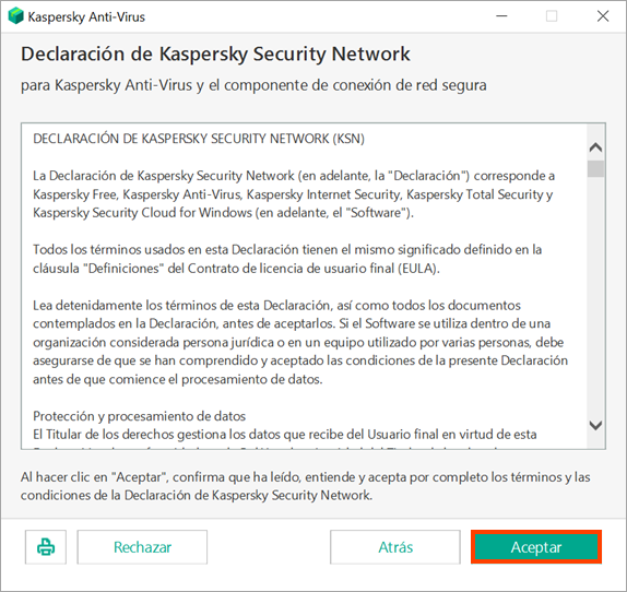 Escoja si desea participar o no en Kaspersky Security Network al instalar Kaspersky Security Cloud.