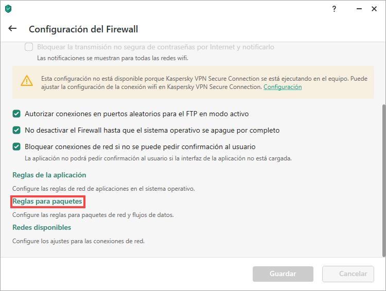 Ventana de configuración de Firewall con el enlace de reglas de paquete resaltado