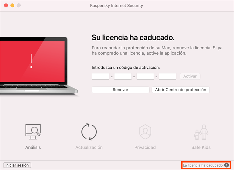 La ventana principal de Kaspersky Internet Security para Mac con una licencia caducada.