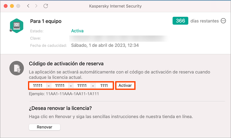 La ventana Licencias con el campo del código de activación de reserva resaltado.