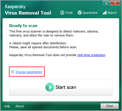 El botón Change parameters en Kaspersky Virus Removal Tool
