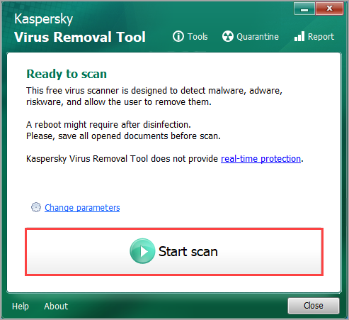 El botón Iniciar análisis en Kaspersky Virus Removal Tool