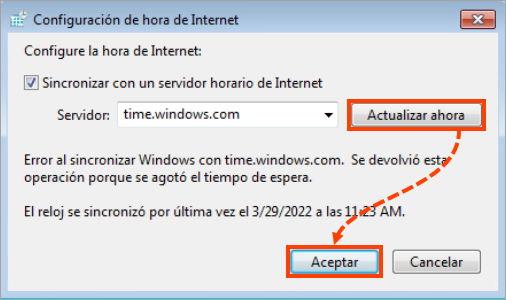 The Internet time settings window in Windows 7.