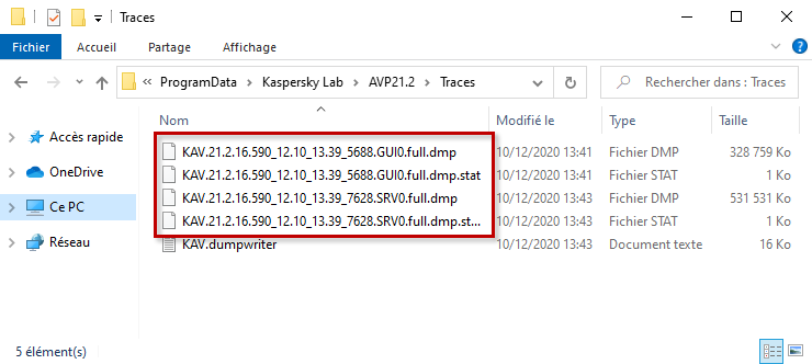 Fichiers de vidage du processus AVP.EXE dans Windows 10