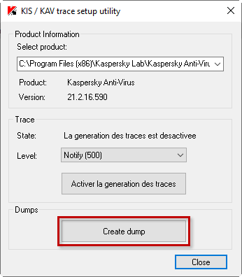 Capturer un fichier de vidage du processus AVP.EXE à l'aide de l'utilitaire KavLog dans Windows 10