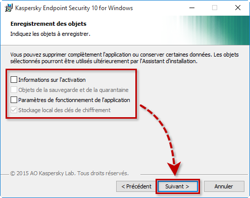 Enregistrement des informations lors de la suppression de Kaspersky Endpoint Security 10 for Windows.