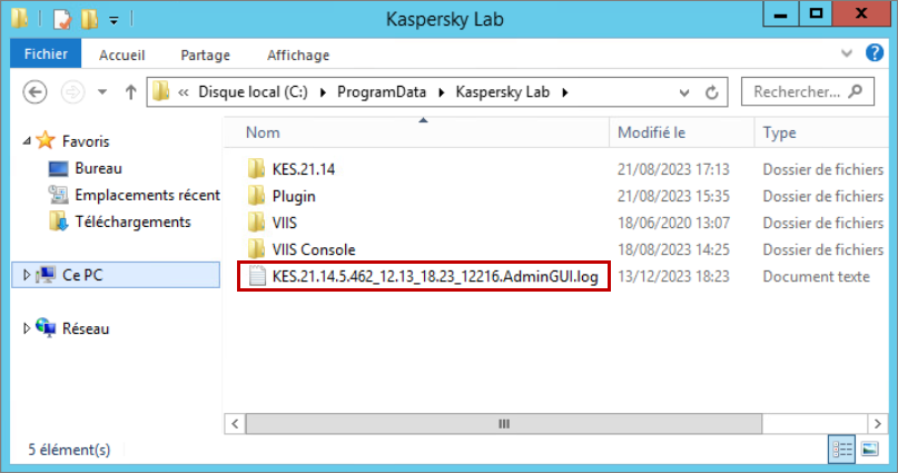 Fichier de traces du plugin d’administration de Kaspersky Endpoint Security for Windows.