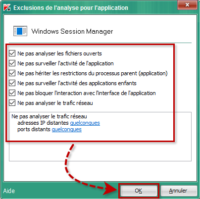 Paramètres de l'exclusion d'une application de l'analyse dans Kaspersky Endpoint Security 10 for Windows