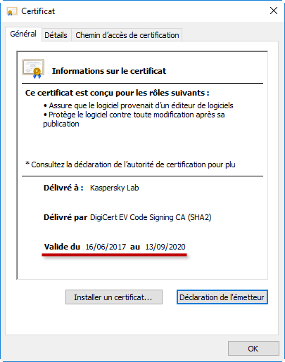 Informations sur la validité du certificat avec lequel le fichier a été signé