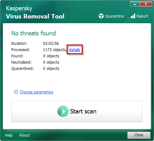 Consulter les résultats détaillés de l'analyse dans Kaspersky Virus Removal Tool