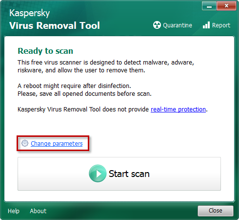 Ouvrir les paramètres pour modifier la zone d'analyse dans Kaspersky Virus Removal Tool