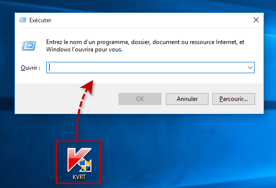 Faites glisser le fichier exécutable de Kaspersky Virus Removal Tool dans la fenêtre Exécuter