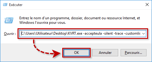 Exemple d'une commande pour Kaspersky Virus Removal Tool