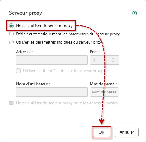 Activer l'option Ne pas utiliser le serveur proxy dans l'application de Kaspersky
