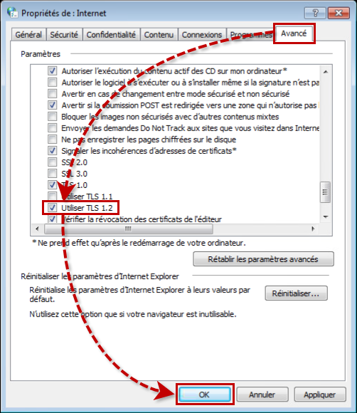 Activer l’utilisation du protocole TLS 1.2 dans les propriétés d’Internet Explorer.