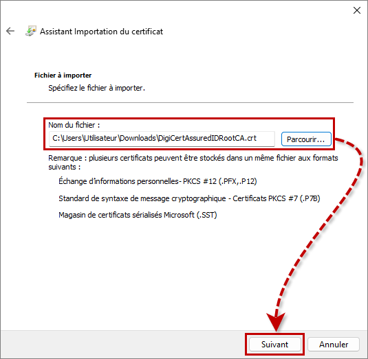 Sélectionner le certificat DigiCert Assured ID Root CA dans l’assistant d’importation du certificat.
