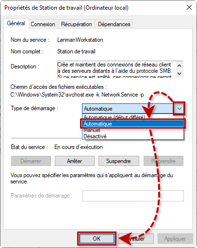 Sélectionner le type de démarrage automatique du service Station de travail dans Windows 10