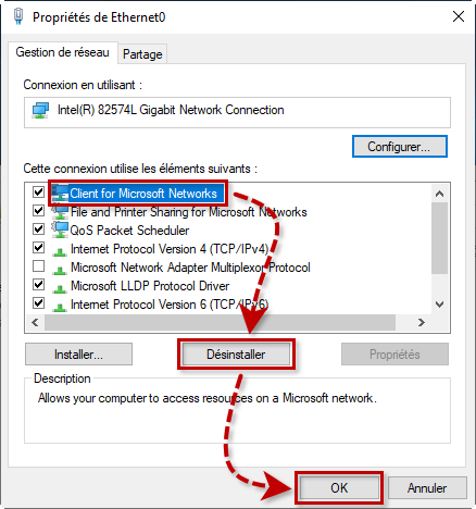 Désinstaller le Client pour les réseaux Microsoft dans Windows 10