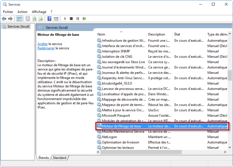 Service Moteur de filtrage de base dans la liste des services Windows