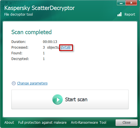 Consulter les informations détaillées sur l'analyse dans Kaspersky ScatterDecryptor