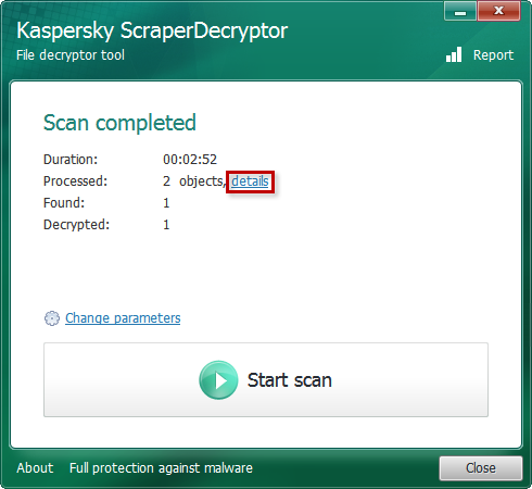 Consulter les informations détaillées sur l'analyse dans Kaspersky ScraperDecryptor