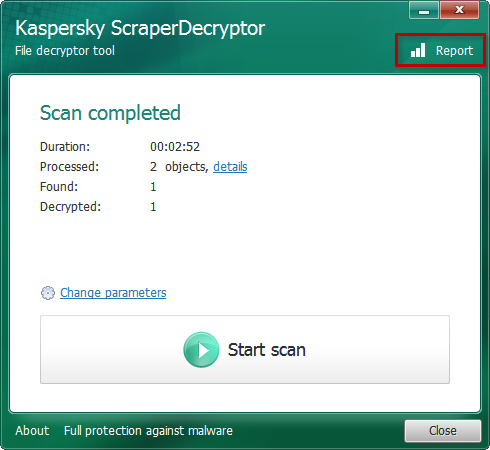 Consulter l'historique de toutes les analyses dans Kaspersky ScraperDecryptor