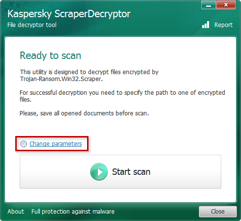 Ouvrir les paramètres de l'analyse dans Kaspersky ScraperDecryptor