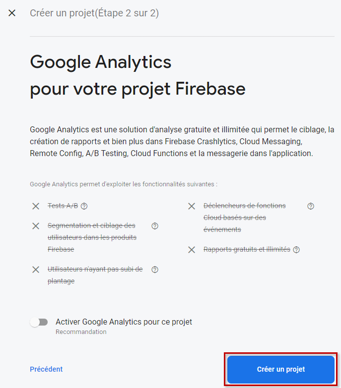 Créer un projet dans Firebase avec ou sans Google Analytics