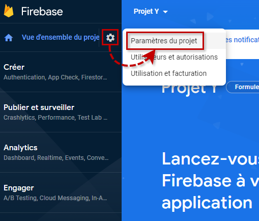 Accéder aux paramètres du projet dans Firebase