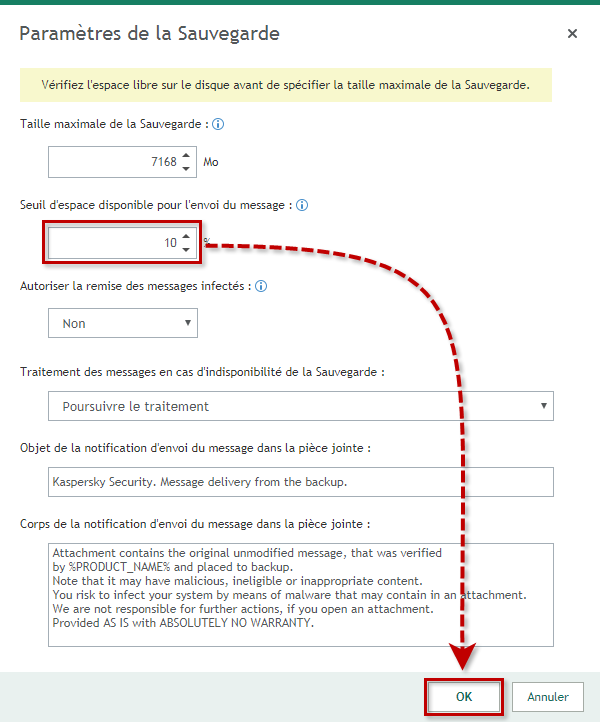 Configurer le seuil d'espace disponible dans la sauvegarde de Kaspersky Secure Mail Gateway pour l'envoi du message 