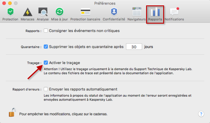 Image : activez le traçage dans les préférences de Kaspersky Internet Security 16 for Mac et reproduisez le problème