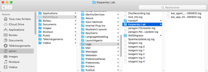 Image : l'emplacement des fichiers de traces de Kaspersky Internet Security 16 for Mac