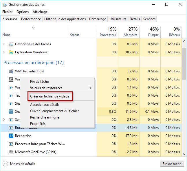Créer un fichier de vidage d'un processus sous Windows 10