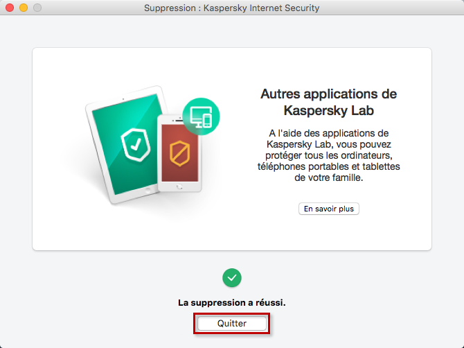 La suppression de Kaspersky Internet Security 16 for Mac a réussi